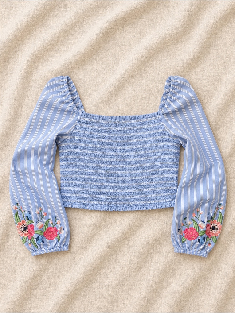 Xhilaration Blue Smocked Crop Top with Embroidered Floral Sleeves size medium